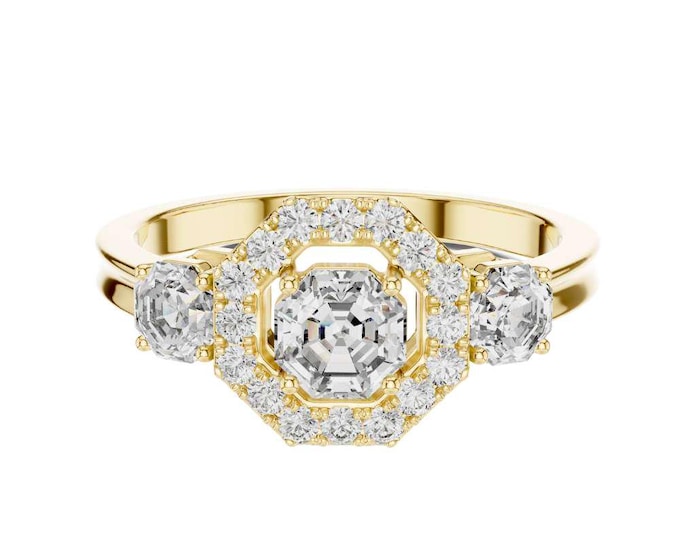 Octagon Shaped Moissanite Bridal set Ring Unique Halo Three Stone Ring 18K Yellow Gold Vintage Art Deco Inspired Bridal Jewelry Gift for Her