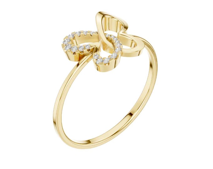 Delicate Butterfly Gold Ring with Moissanite Diamonds Minimalist Handmade Stacking Ring Classic Everyday Wear Jewelry Gift for Her