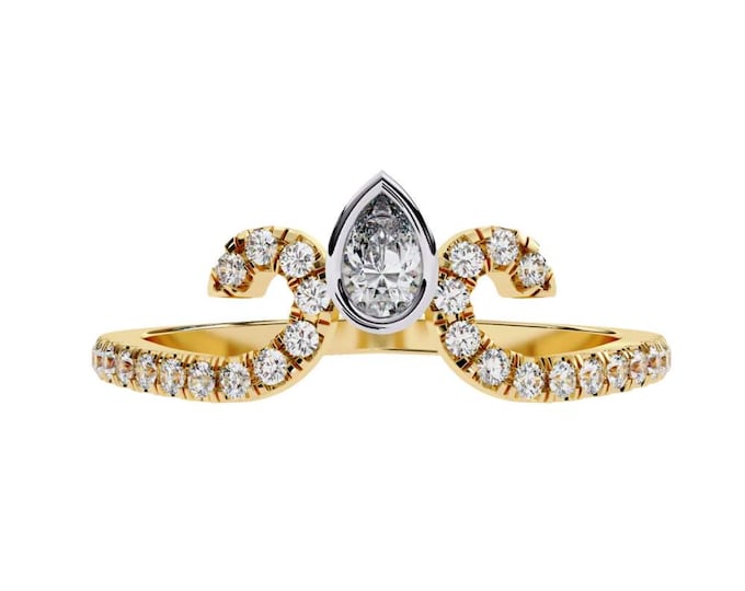 Elegant Pear Shape Moissanite Crown Ring Solid Gold Diamond Band Luxury Tiara Inspired Engagement Ring Bridal Jewelry Anniversary Gift