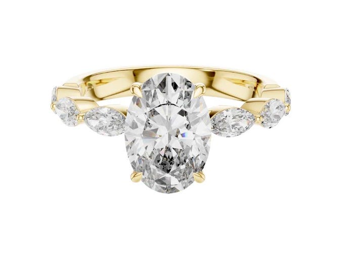 2.6 CT Oval Cut Diamond Engagement Ring Yellow Gold with Side Marquise Diamonds Classic Solitaire with Accent Stones Elegant Bridal Jewelry