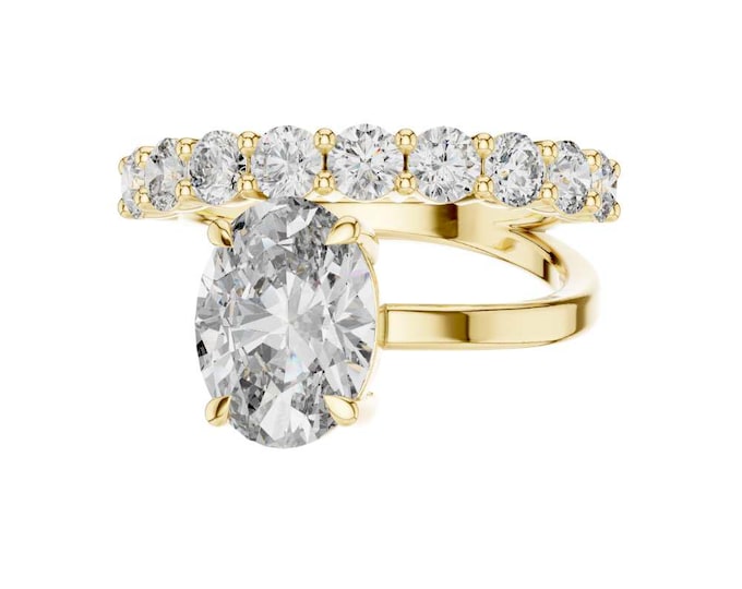 0.99 CT Elegant Oval Cut Solitaire Engagement Ring with Diamond Accented Open Band in Yellow Gold | Modern Statement Bridal Ring