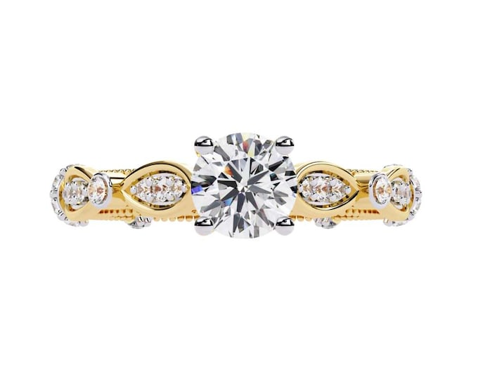 Vintage Inspired Yellow Gold Ring with Round Brilliant Diamond and Milgrain Detailing Unique Art Deco Bridal Ring Elegant Statement Jewelry