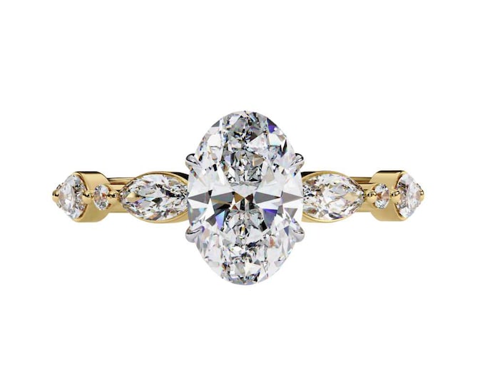 Stunning Oval Cut 2.10 TCW Diamond Ring Elegant Wedding Ring with Marquise Accents Handmade Bridal Jewelry Classic Promise Ring for Her