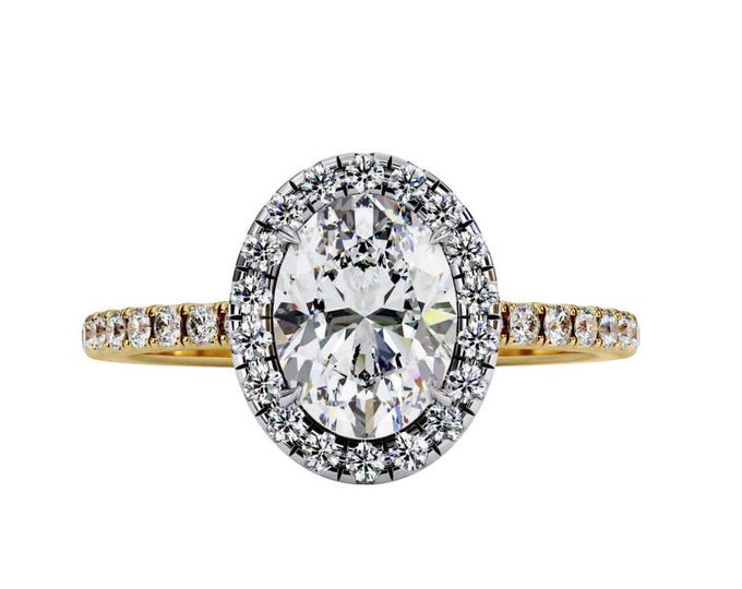 1.42 TCW Oval Cut Moissanite Halo Engagement Ring Classic Solitaire Ring with Dainty Diamond Band in Yellow Gold, Rose Gold and White Gold