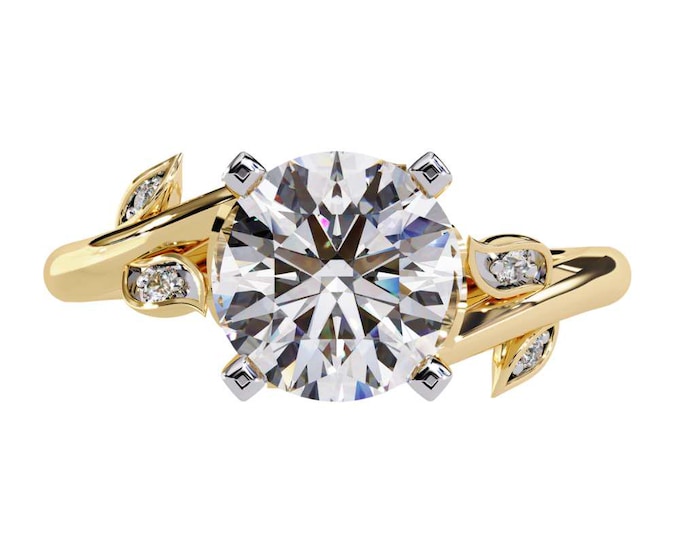 Nature Inspired Moissanite Engagement Ring in Yellow Gold Round Solitaire with Leaf Vine Design Elegant Botanical Bridal Jewelry Gift