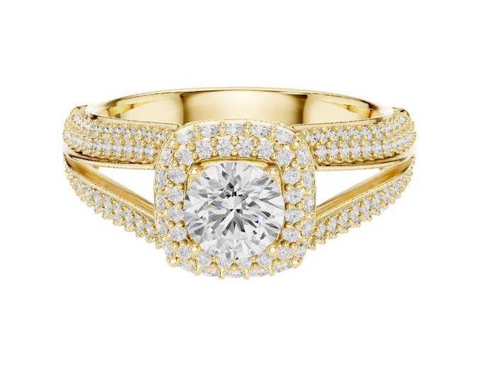 Marvelous Halo Moissanite Wedding Ring Round Cut Split Shank Bridal Ring Double Band Statement Ring Unique Luxury Wedding Ring for Her