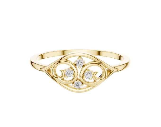 Dainty Swirl Gold Filigree Ring with Moissanite Diamonds Bright Vintage Inspired Ring Elegant Minimalist Jewelry Gift for Her