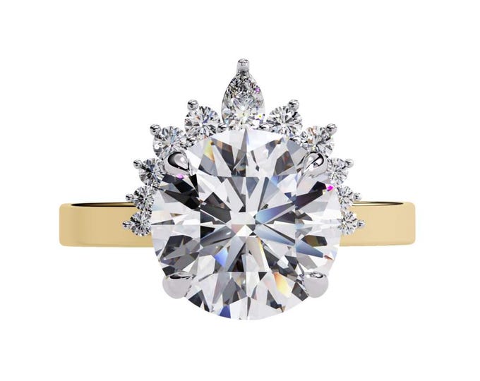Moissanite Engagement Ring: Sunburst Diamond Halo, Yellow Gold Solitaire