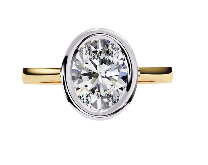 Modern Oval Bezel Set Moissanite Ring in Two Tone Minimalist Solitaire Engagement Ring Contemporary Bridal Jewelry Timeless Wedding Band