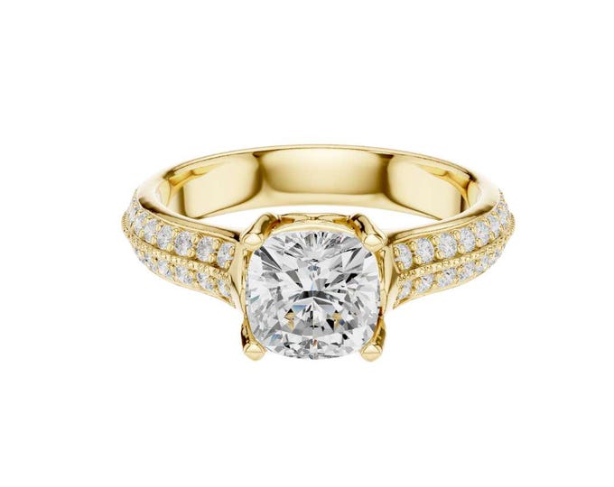 Cushion Cut Solitaire Diamond Engagement Ring in Yellow Gold  Elegant Pave Double Band Bridal Jewelry, Wedding & Anniversary Gift