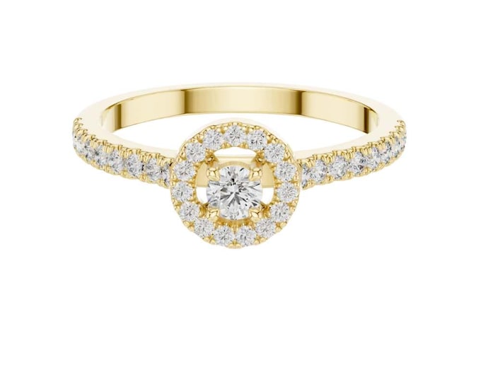 Dainty Round Halo Engagement Ring in 14K Yellow Gold Pavé Diamond Band with Micro Halo Setting Elegant Promise or Anniversary Ring