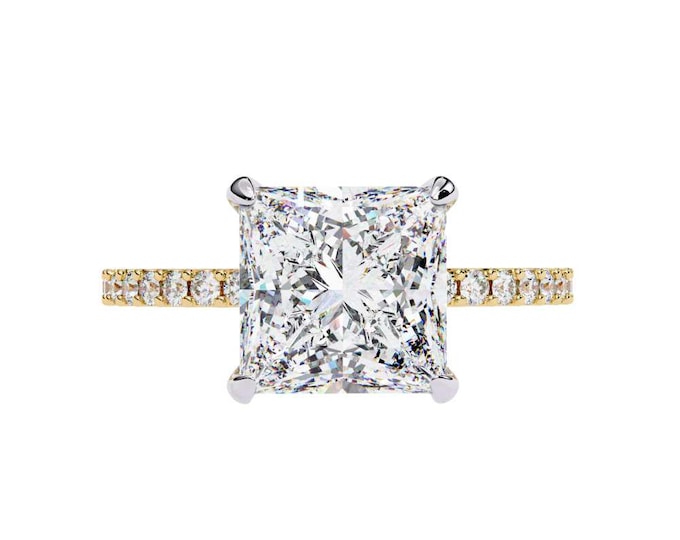 2.65 TCW Princess Cut Moissanite Engagement Ring Square Solitaire with Diamond Band Two Tone Bridal Ring Custom Proposal Jewelry for Her