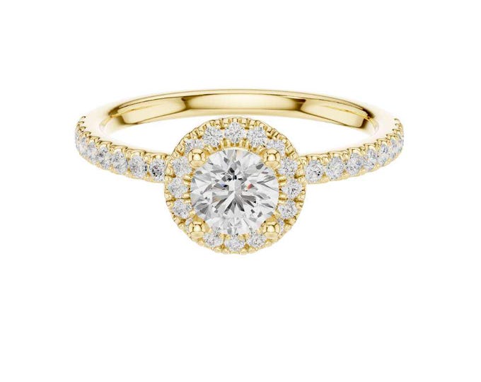 Elegant Moissanite Diamond Halo Engagement Ring Round Cut Center Stone with Pave Diamond Band Bright Wedding Ring Luxury Bridal Jewelry Gift
