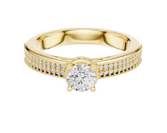 Elegant Gold Moissanite Anniversary Ring Round Cut Solitaire with Pave Band Dainty Gold Ring Bridal Ring Promise Ring Custom Fine Jewelry