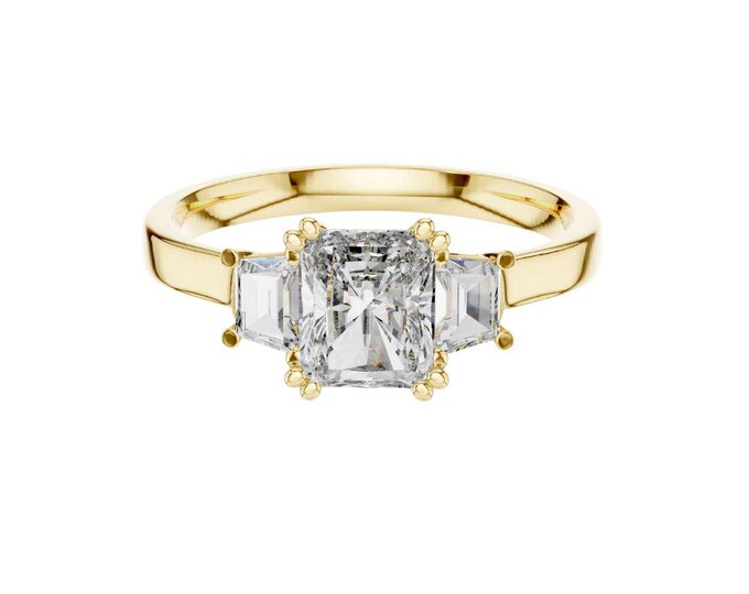 Radiant Cut Moissanite Three Stone Ring: 14k Gold Baguette Accents