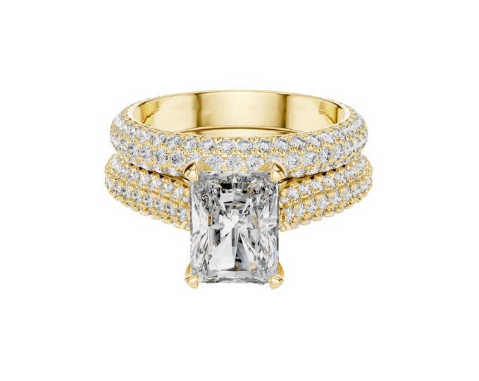 Stylish & Classic Pave Setting Bold Solitaire Radiant Cut Engagement Ring Double Band Gold Bridal Ring Luxury Wedding Gift for Her