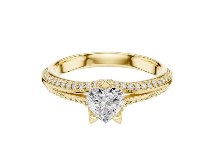 Heart Moissanite Engagement Ring: Sterling Silver, Gold Pave Band