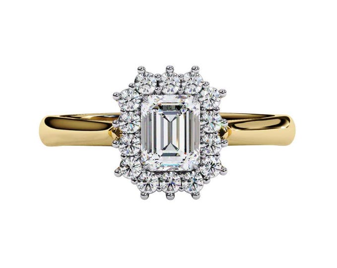 Emerald Cut Moissanite Engagement Ring in Yellow Gold Sparkling Diamond Halo Vintage Inspired Art Deco Solitaire Bridal Jewelry Gift