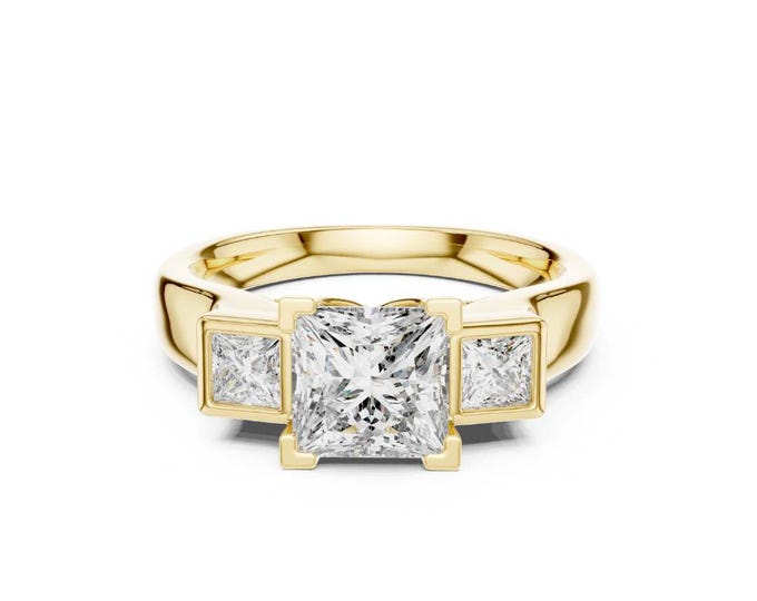 Radiant princess cut three stone Moissanite engagement ring in gold bold statement diamond bridal ring elegant anniversary jewelry gift