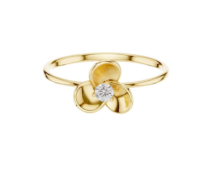Shiny Round Cut Moissanite Flower Ring with Diamond Accent Delicate Floral Jewelry Dainty Minimalist Stackable Ring Handmade Gift for Her