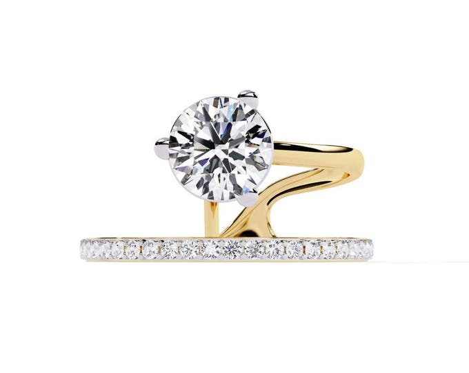 Modern Bypass Solitaire Engagement Ring Round Cut Diamond in Yellow Gold Minimalist Unique Proposal Ring Contemporary Wedding Jewelry