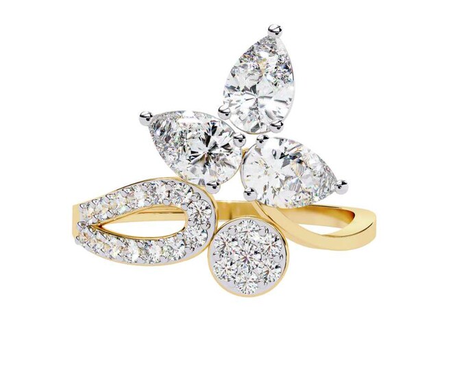 Exquisite Floral Inspired Cluster Ring in Yellow Gold Featuring Pear Shaped and Round Brilliant Cut Diamonds with Artistic Detailing for Her