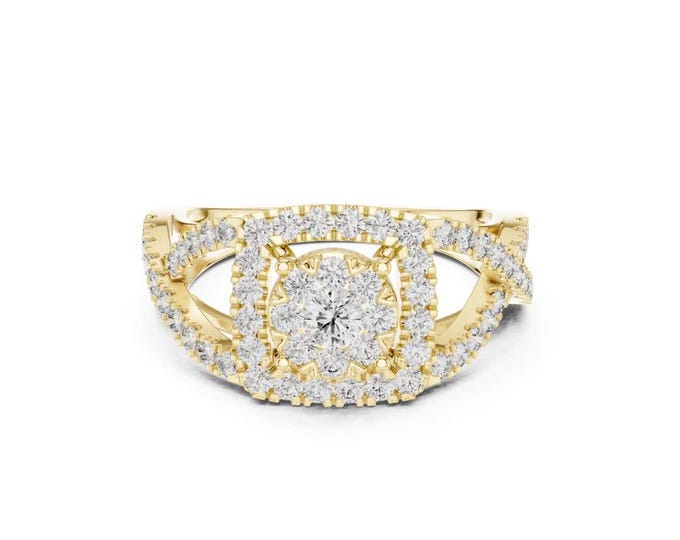 Moissanite Cluster Engagement Ring in Yellow Gold with Double Halo and Split Shank Elegant Bridal Jewelry for Proposal Girl