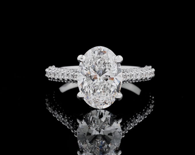 3CT Oval Moissanite Engagement Ring Pave Band Solitaire Ring in White Gold & Platinum Dainty Sparkly Bridal Ring Custom Fine Jewelry for Her