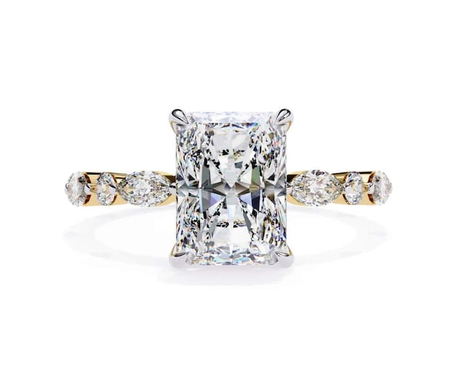 Luxury Premium Radiant Cut Moissanite Ring Solid Gold with Diamond Band Elegant Solitaire Engagement Ring Fine Bridal Jewelry Proposal Gift