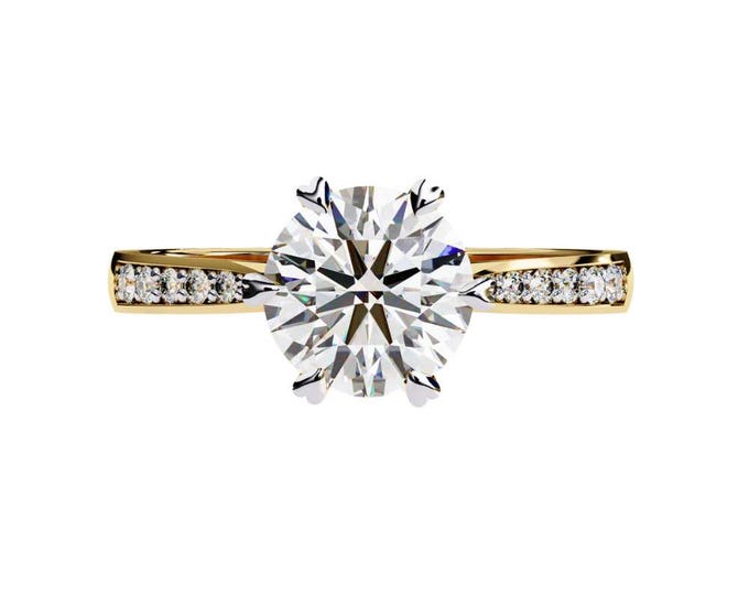 Sparkling Bridal Round Brilliant Moissanite Solitaire Engagement Ring with Diamond Accent Band Yellow Gold Elegant Jewelry Gift