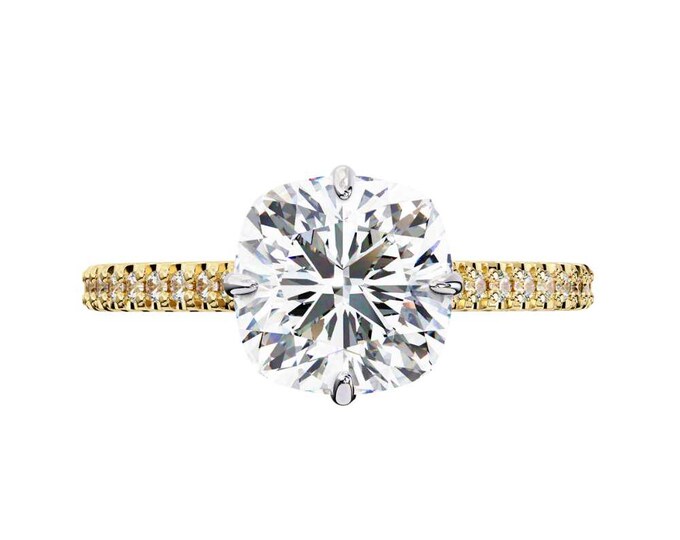 Pave Band Elegant Classic Round Cut Moissanite Solitaire Engagement Ring with Yellow Gold Diamond  Sparkling Bridal Jewelry Gift for Her