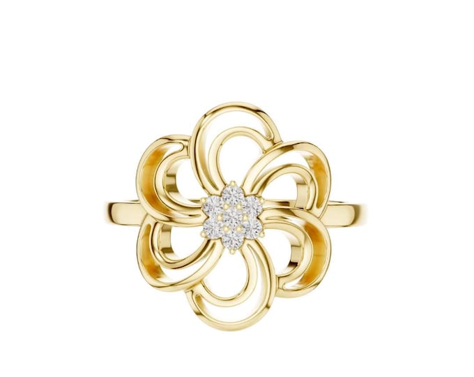 Gold Floral Petal Ring with Diamond Center Elegant Handmade Gold Jewelry Unique Statement Flower Ring Dainty Minimalist Nature Inspired Ring