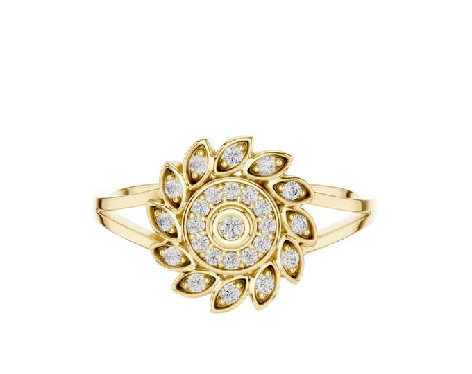 Stunning Gold Floral Diamond Ring Sunflower Inspired Wedding Ring Unique Nature Jewelry Petal Halo Ring Dainty Gold Statement Ring Gift