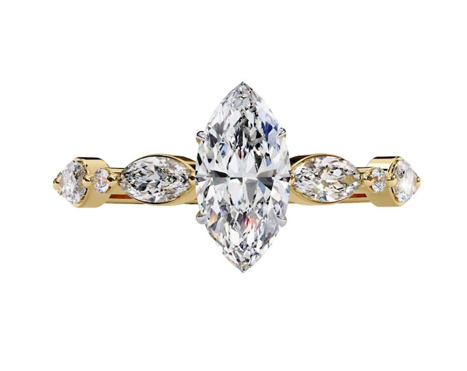 Elegant Marquise Cut Moissanite Ring with Diamond Accents 1.72 TCW Custom Handcrafted Fine Bridal Jewelry in Gold, Rose Gold, and Silver