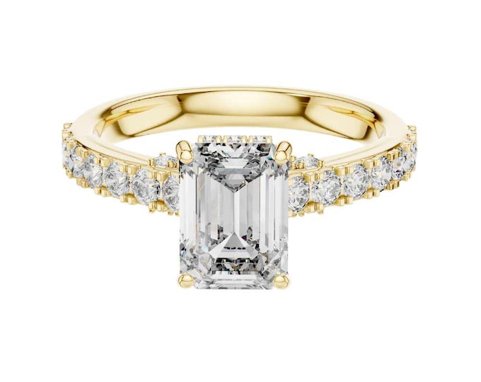 Luxury Emerald Cut Anniversary Moissanite Diamond Band Ring Solitaire with Round Side Stones Art Deco Style Elegant Proposal Ring for Her