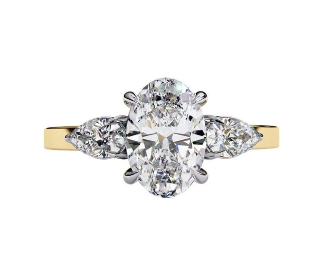 Oval Cut Diamond Three Stone Ring with Pear Side Diamonds Handmade Two Tone Bridal Ring Classic Elegant Custom Fine Jewelry for Wedding