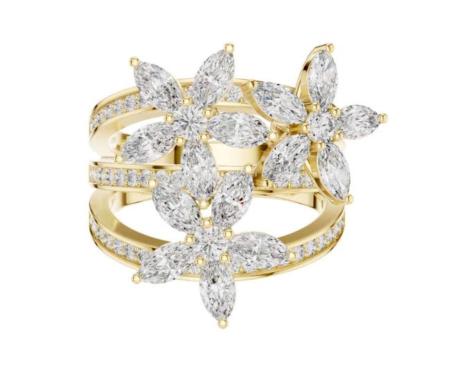2.199 CT Floral Cluster Diamond Cocktail Ring Bold Multi-Flower Design with Marquise Cut Stones in Pave Setting Statement Gold Ring for Gift