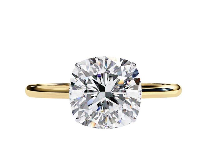 Luxury Cushion Cut Moissanite Solitaire Ring in Yellow Gold Distinctive Classic Engagement Ring Elegant Contemporary Gift for Special