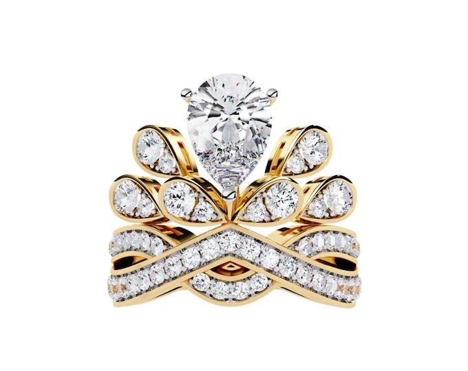 Luxury Pear Cut Diamond Ring Set Gold Wedding and Engagement Band Statement Bridal Jewelry Fine Gold Ring for Beautiful Women
