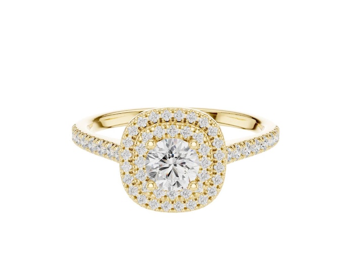 Classic Double Round Halo Round Diamond Engagement Ring in Yellow Gold Luxury Pave Band Bridal Jewelry Wedding & Anniversary Gift