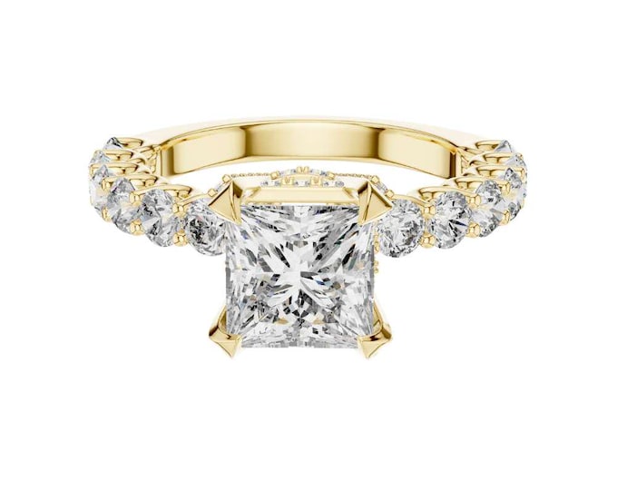 Princess Cut Moissanite Engagement Ring in 14K Yellow Gold Ring with Diamond Accents Classic Solitaire Ring with Side Stones Bridal Jewelry