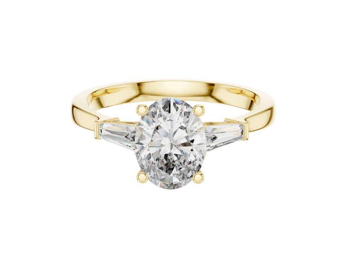 Oval Cut Moissanite Engagement Ring 14K Yellow Gold Three Stone Ring with Baguette Side Stones Vintage Inspired Bridal Ceremony Jewelry