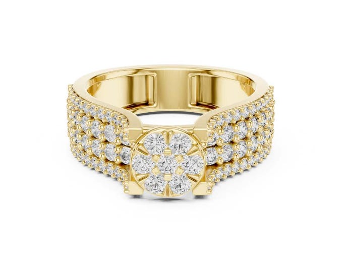 Hot Spelling Round Cut Cluster Engagement Ring with Triple Row Diamond Band in Gold Bold Statement Bridal Jewelry Gift for Someone