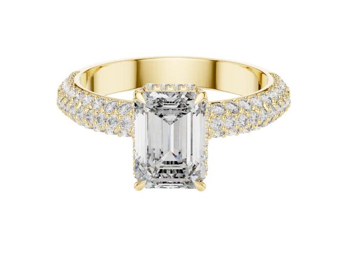 2.8 CT Emerald Cut Moissanite Engagement Ring Pavé Band Yellow Gold Solitaire Setting Classic Elegant Anniversary Wedding Ring Luxury ring