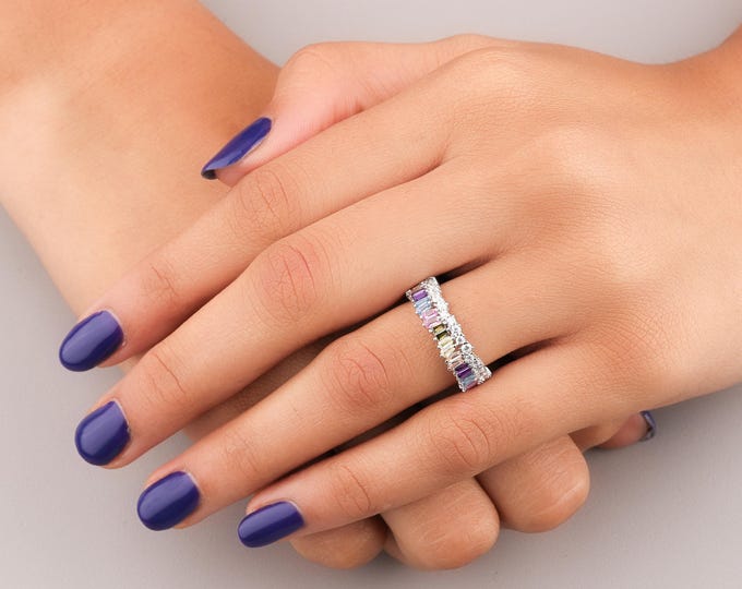 Classic 3.00 CT Eternity Band Ring Rainbow Baguette & Round Stones Colorful Stacking Band Pride Jewelry Sterling Silver Promise Ring