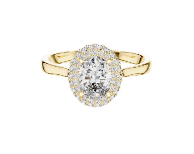 Shiny Oval Cut Moissanite Halo Engagement Ring 14K Yellow Gold Double Band Ring with Diamond Halo Elegant Vintage Inspired Bridal Jewelry