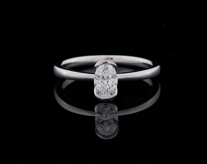 Oval Cut Half Bezel Ring Minimalist Solitaire Ring in White Gold or Platinum Dainty Wedding Ring Classic Promise Ring Custom Fine Jewelry