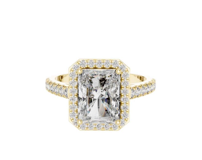 Halo and Pave Band Radiant Cut Moissanite Engagement Ring in Gold with Elegant Luxury Bridal Jewelry Statement Wedding Ring Gift