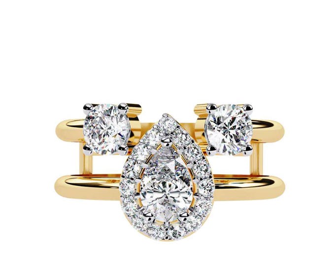 Gold Pear Halo Diamond Ring Double Band Statement Ring Unique Bridal Jewelry Elegant Engagement or Anniversary Gift Luxury Fine Jewelry
