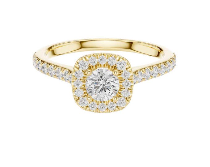Hot Selling Round Halo Engagement Ring with Round Diamond Moissanite Center and Pave Band Vintage Inspired Halo Ring Handmade Proposal Gift